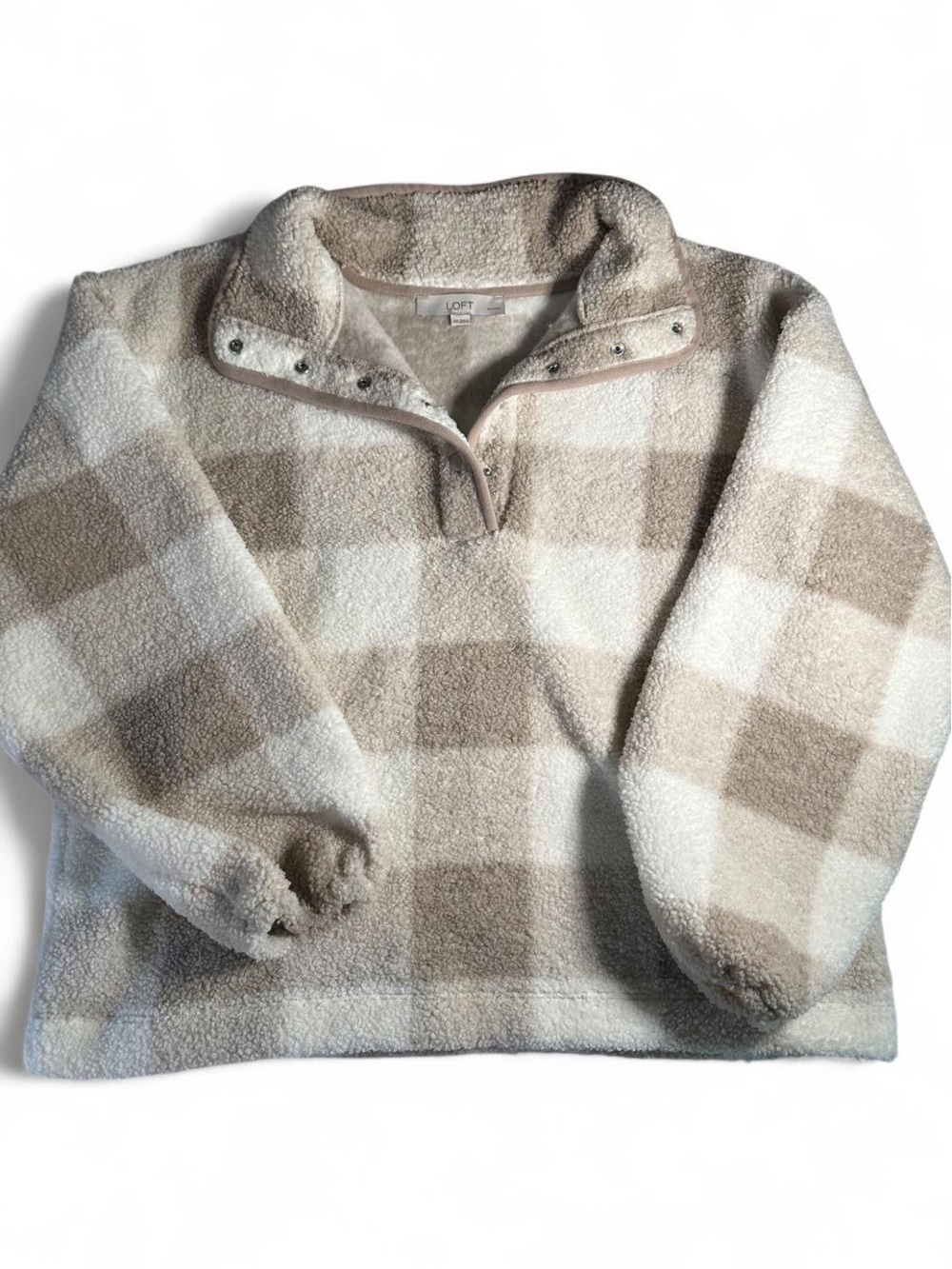 LOFT Cream and Tan Checked Sherpa Pullover